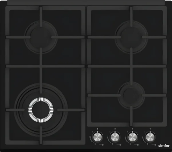 Simfer - Built-in Gas hob, 4 gas burners, Black Glass, 60cm - SMFBHGTR60