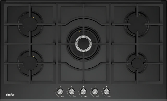Simfer - Built-in Gas hob, 5 gas burners, Black Glass, 90cm - SMFBHGTR90