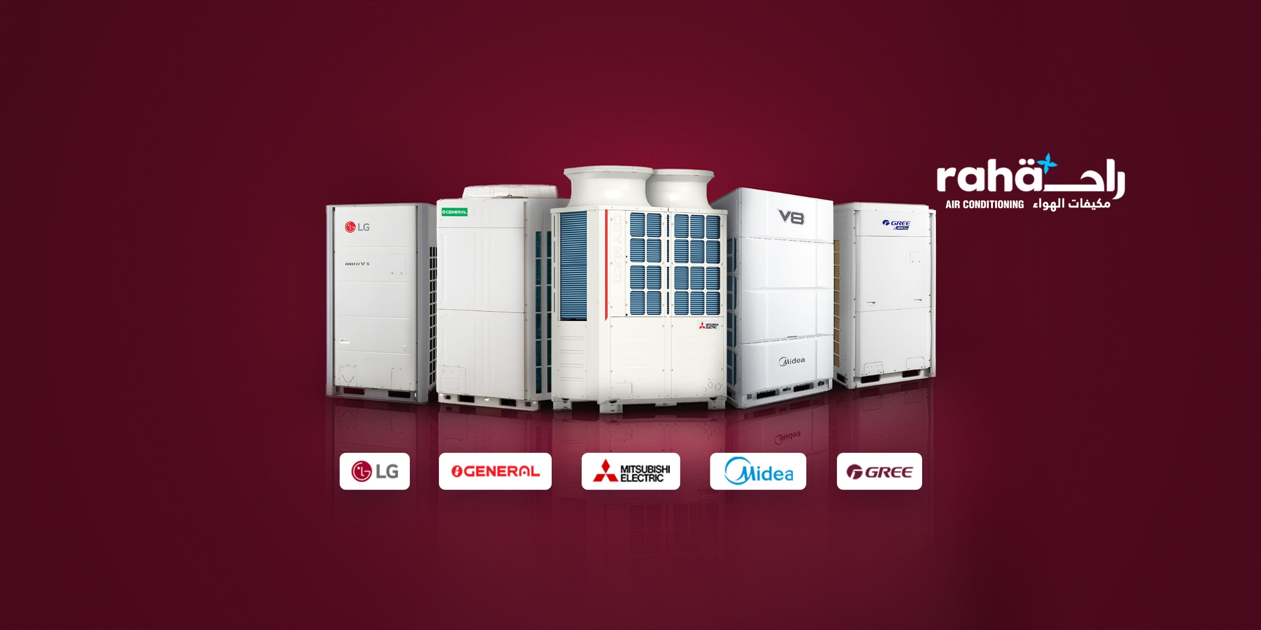 VRF air conditioning systems in Qatar showcasing Mitsubishi, General, Gree, and Midea units for commercial and residential cooling solutions.